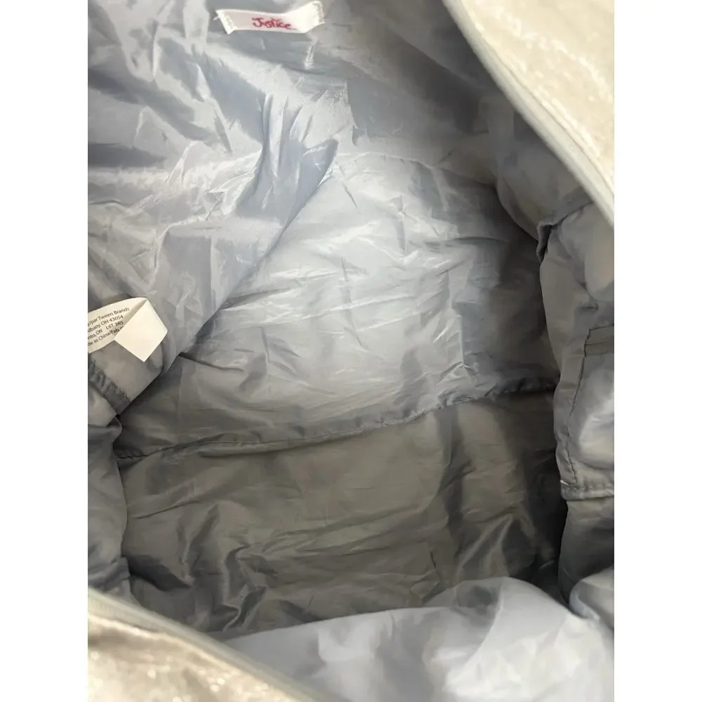 Justice Silver Metallic Duffel Bag Live Justice Heart‎ Logo Tween Gym Dance